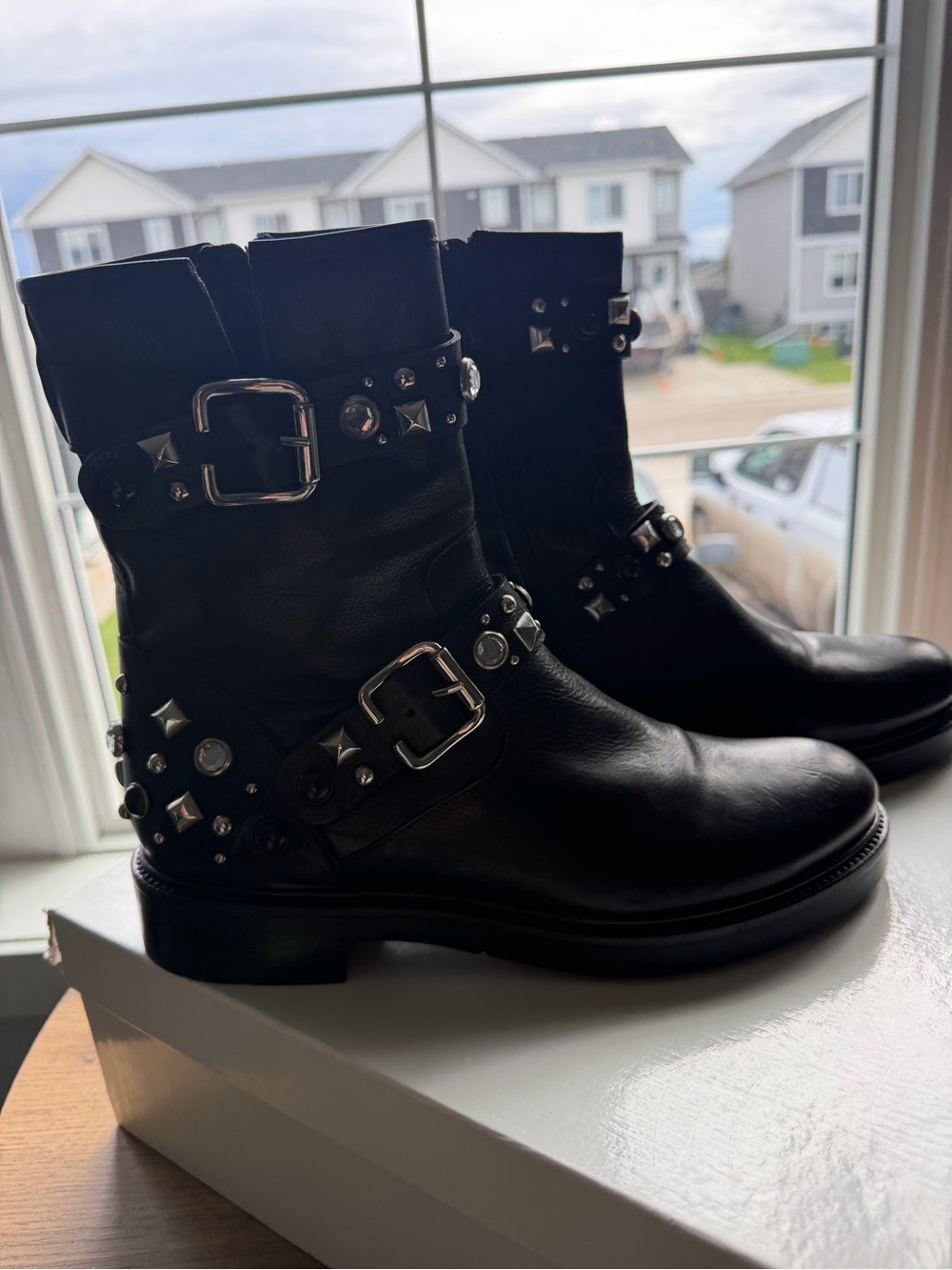 La CANADIENNE Black Studded Buckle Leather Moto Boots
